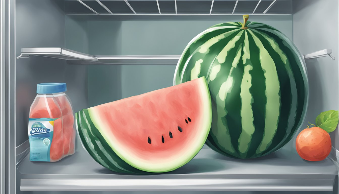 A half watermelon sits on a shelf in a refrigerator, wrapped in plastic wrap to keep it fresh