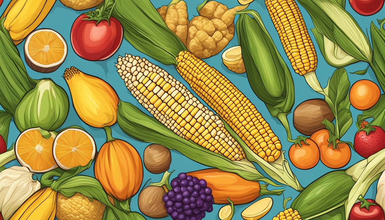 A vibrant ear of corn surrounded by various foods, representing its role in providing essential carbohydrates for metabolism