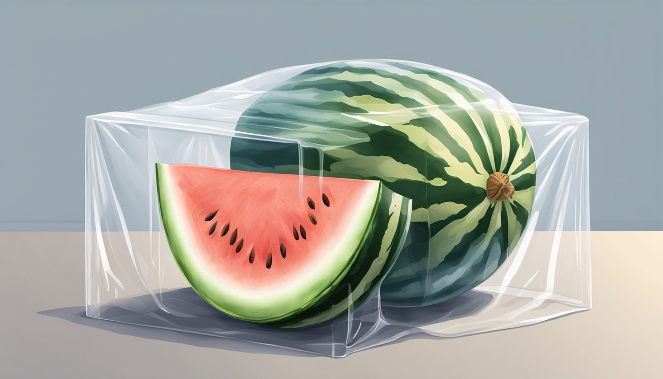 A half watermelon sits on a clean, dry surface, covered with plastic wrap and placed in the refrigerator