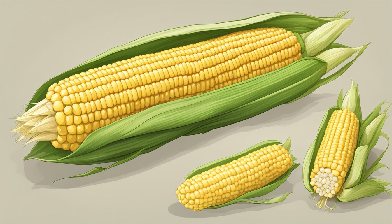 A fresh ear of corn on the cob with green husks partially peeled back, revealing the kernels and fibrous strands of the corn