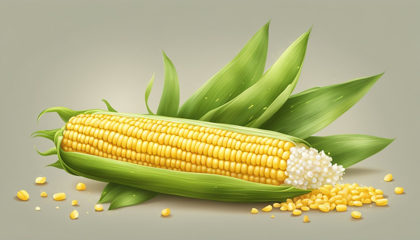 A fresh ear of corn on the cob with golden kernels, green husk, and a sprinkle of salt