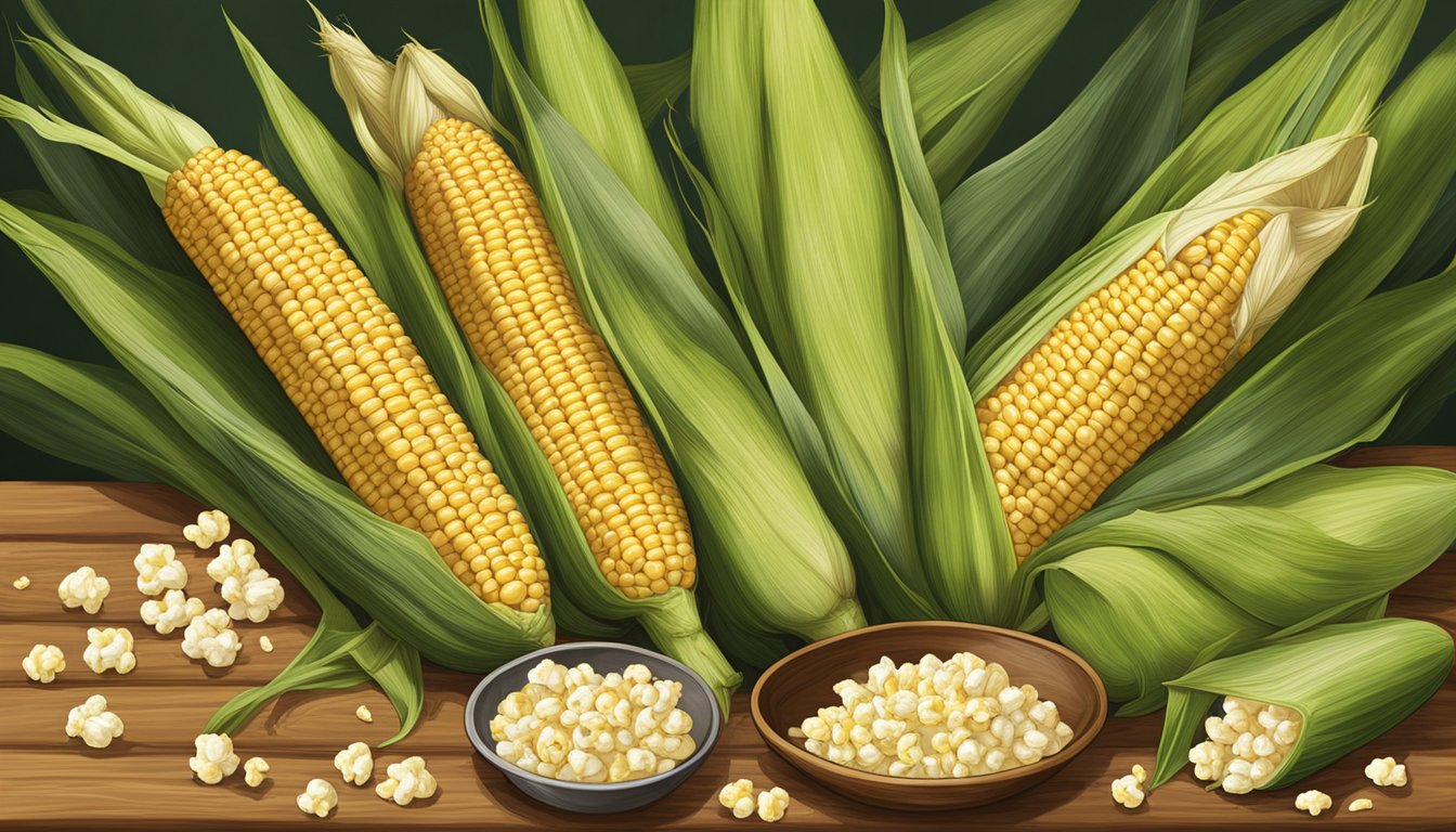 A rustic wooden table displays an array of corn on the cob, popcorn, and corn kernels, surrounded by vibrant green husks and golden stalks