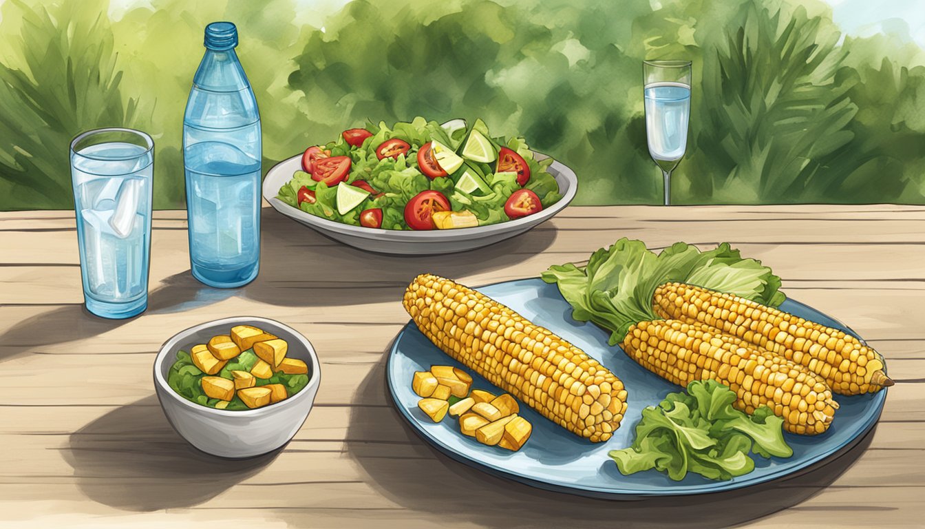 A picnic table set with a plate of grilled corn on the cob, a bowl of salad, and a glass of water