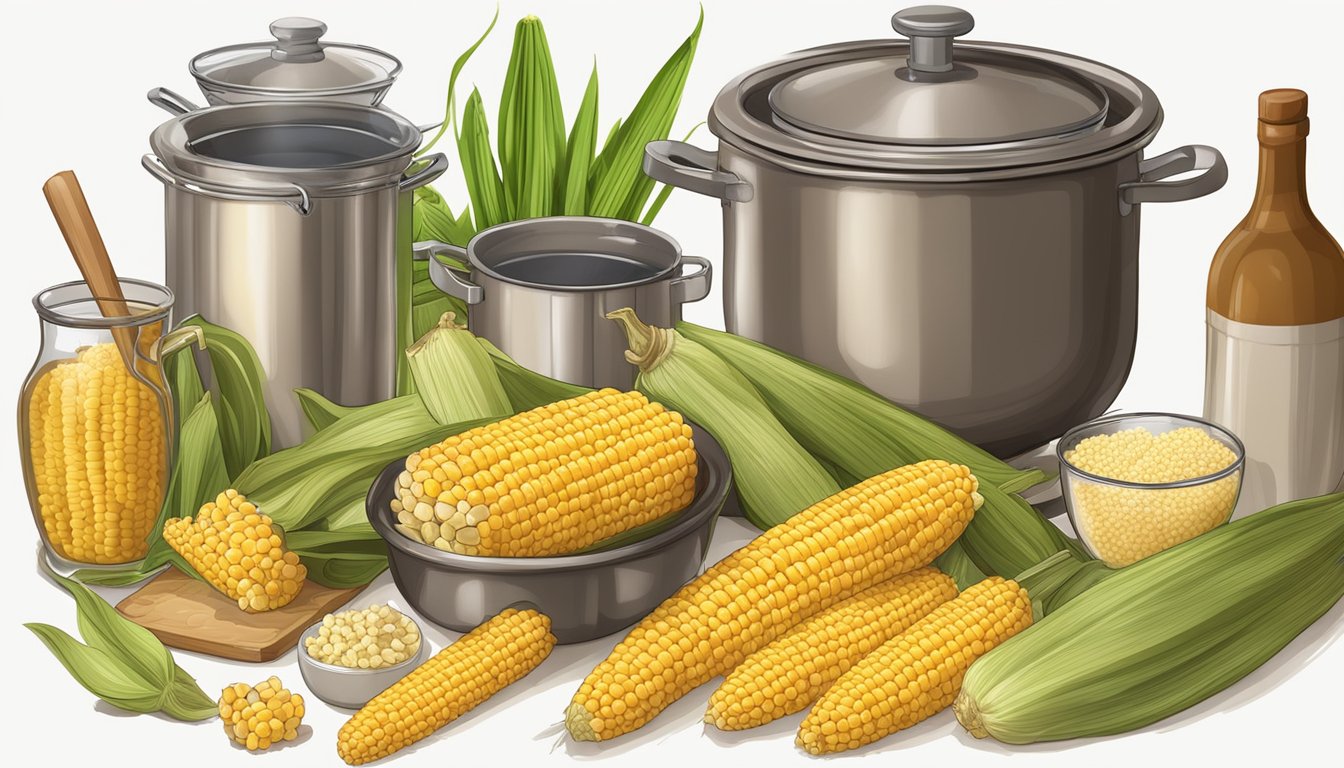 A pot of boiling water with corn cobs nearby, surrounded by fresh corn husks and a variety of seasonings and cooking utensils