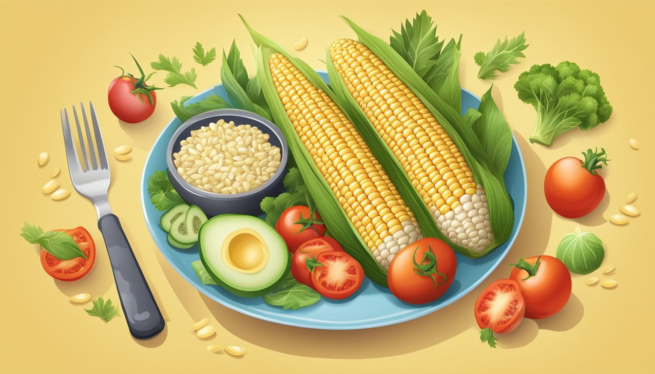 A colorful plate with a juicy ear of corn on the cob, surrounded by a variety of fresh vegetables and grains