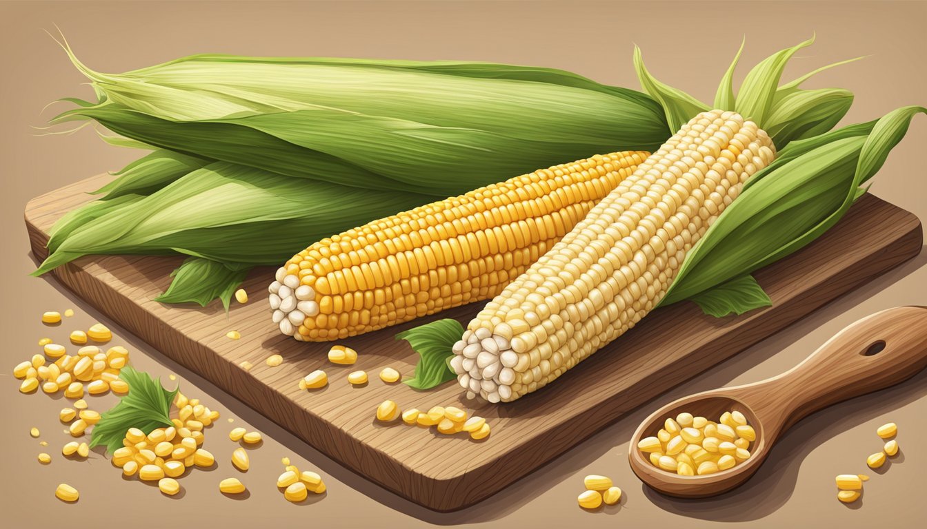 A variety of corn cobs arranged on a wooden cutting board, with kernels and fiber spilling out