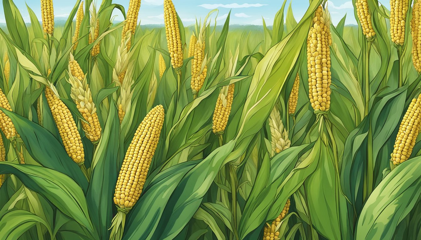 A rustic cornfield, with tall stalks of corn on the cob swaying in the breeze, surrounded by vibrant green leaves and golden tassels