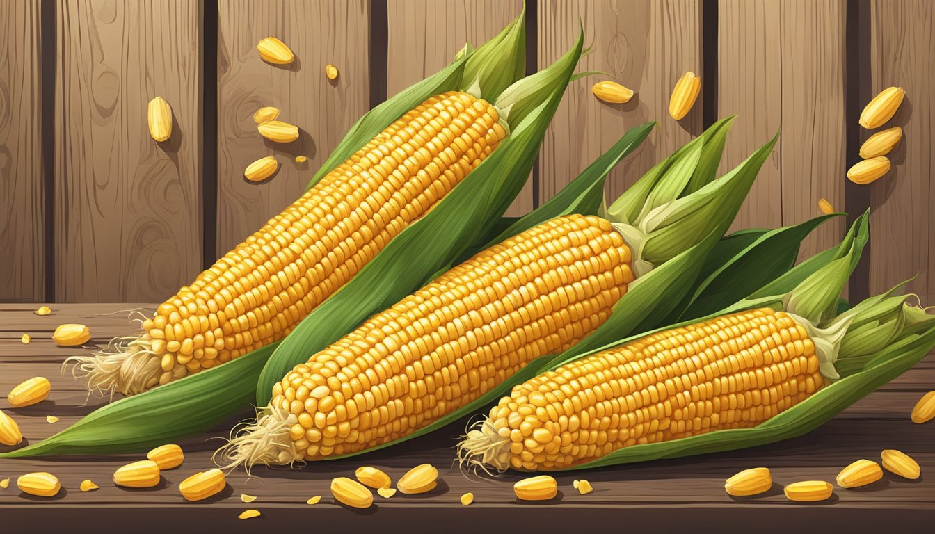 A golden ear of corn balanced on a rustic wooden table, surrounded by scattered kernels and a few stray husks