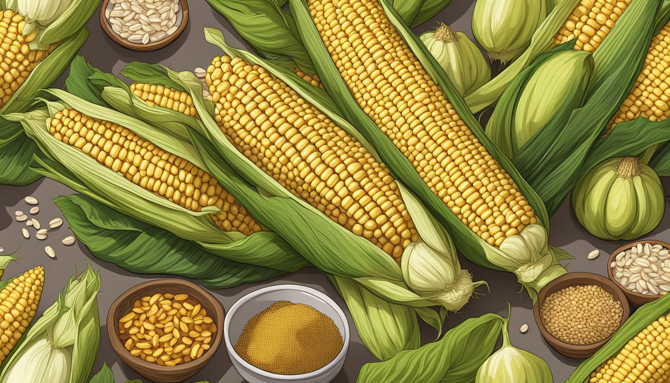 A pile of fresh corn on the cob sits next to a bowl of fiber-rich grains and vegetables