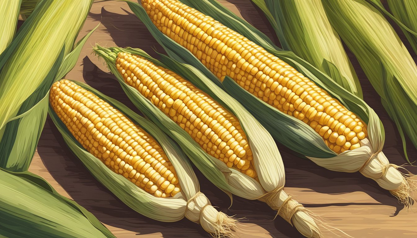 A ripe ear of corn on the cob surrounded by stalks in a sun-drenched field. A farmer's market stand displays fresh produce