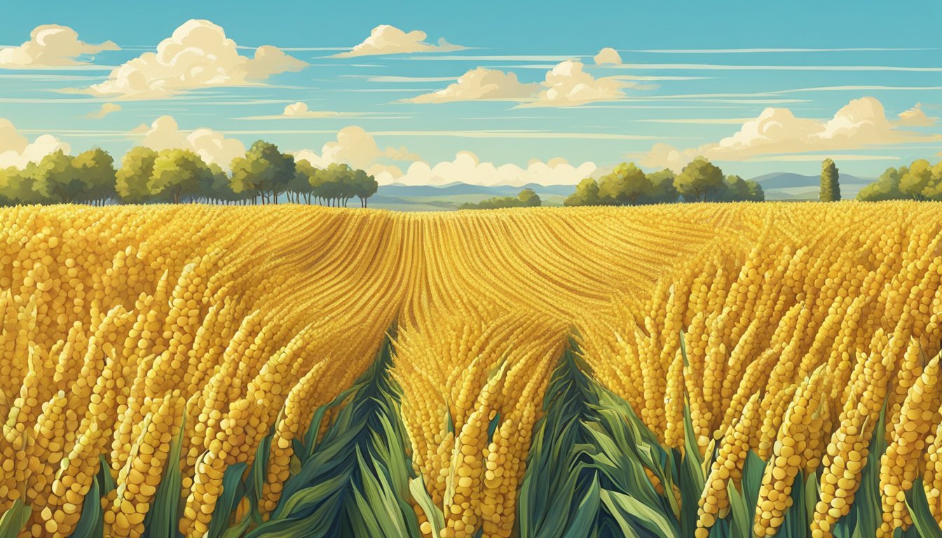 A vibrant cornfield stretching to the horizon under a clear blue sky, with ripe cobs bursting with golden kernels