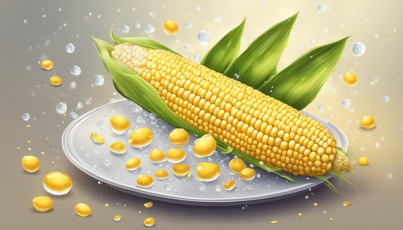 A steaming ear of corn on the cob sits on a plate, with droplets of water glistening on its golden kernels