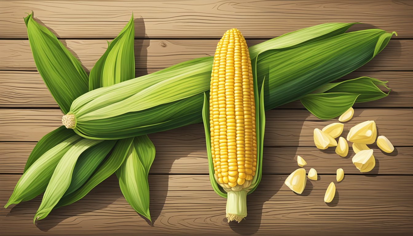 A fresh ear of corn on the cob, with visible kernels and a slightly green husk, sits on a rustic wooden table