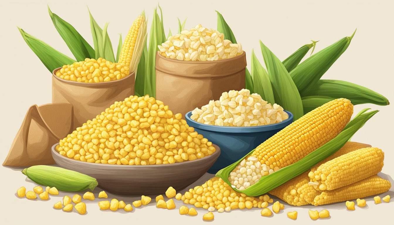 A pile of fresh corn on the cob surrounded by various corn-based products such as tortillas, popcorn, and cornmeal