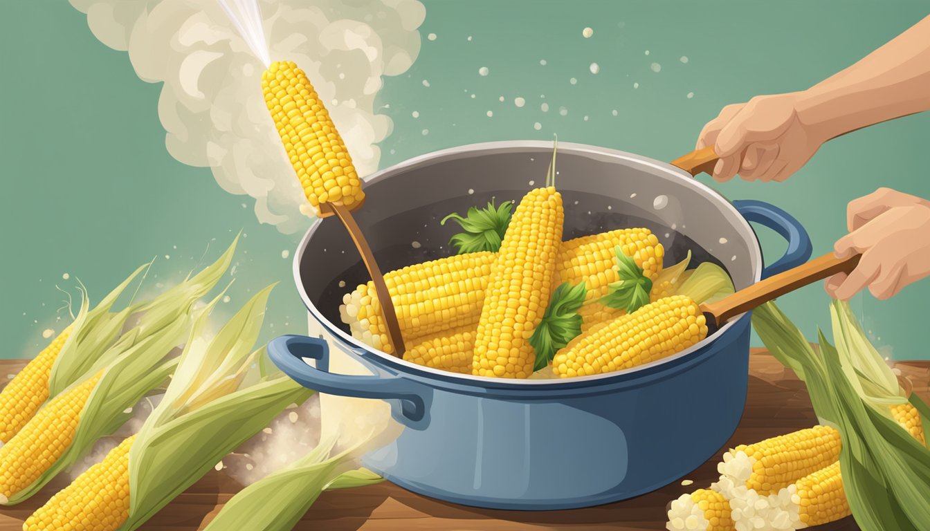 A pot of boiling water with corn on the cob inside. A pair of tongs is lifting out a cooked ear of corn