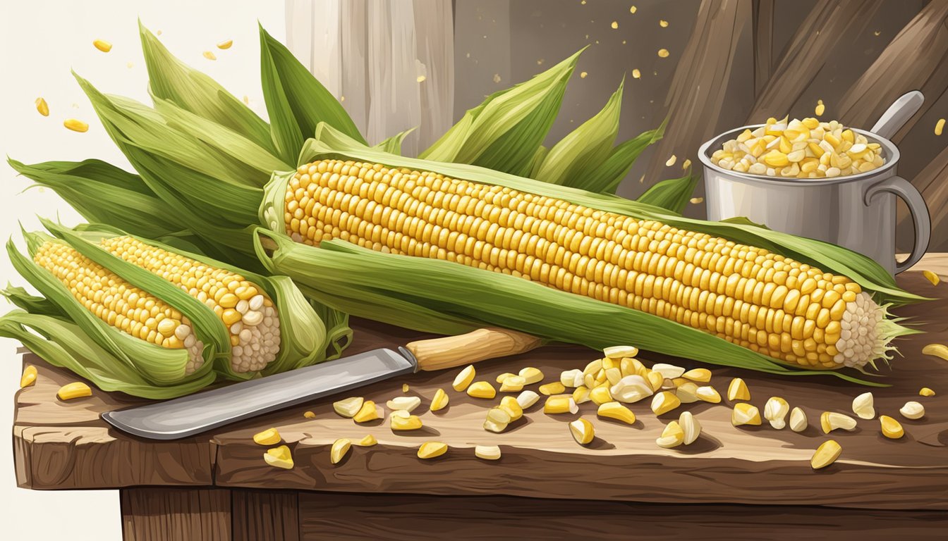 A rustic wooden table with fresh corn on the cob, surrounded by husks and a scattering of kernels