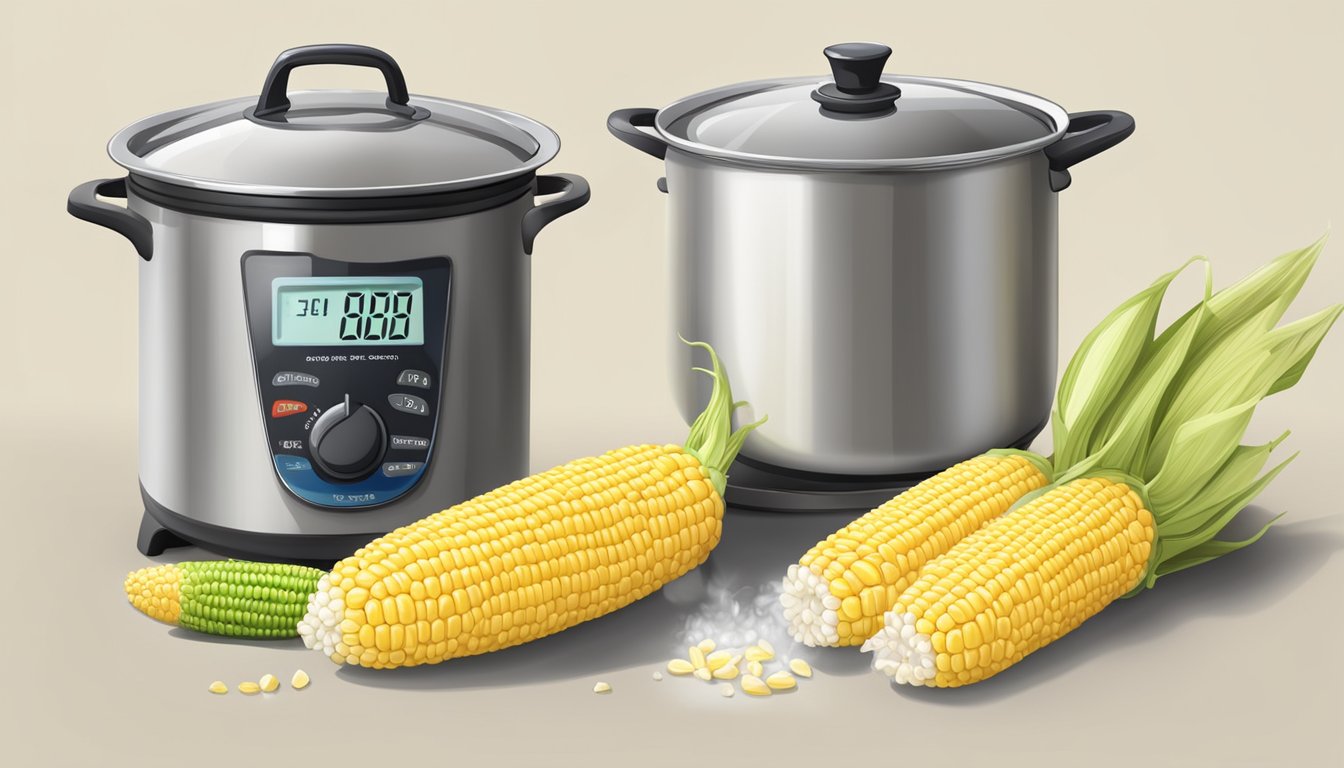 A pot of boiling water with corn on the cob cooking, a calorie counter in the background