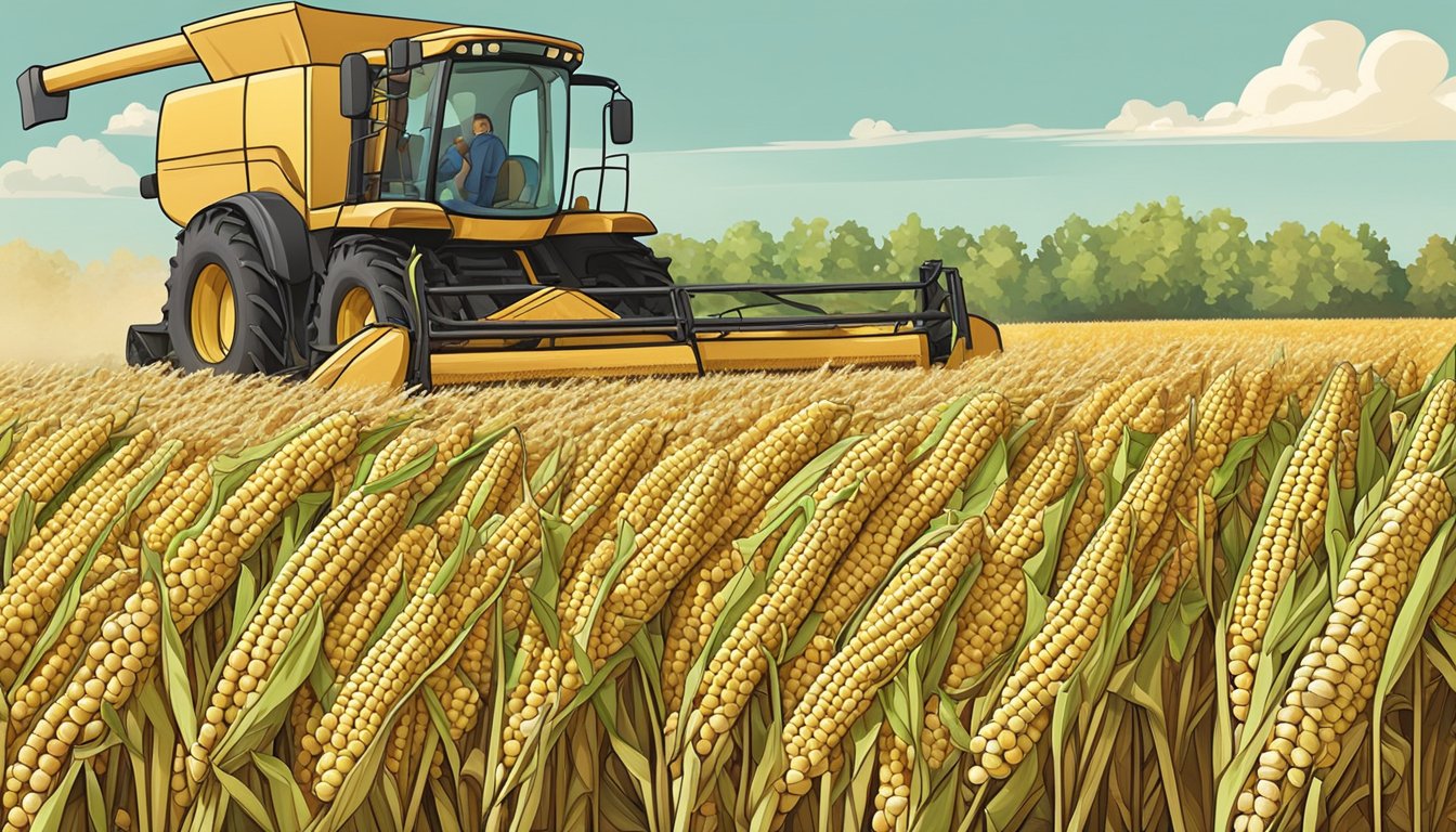 A farmer harvesting ripe corn on the cob, surrounded by fields of tall corn stalks, with a focus on the protein-rich kernels