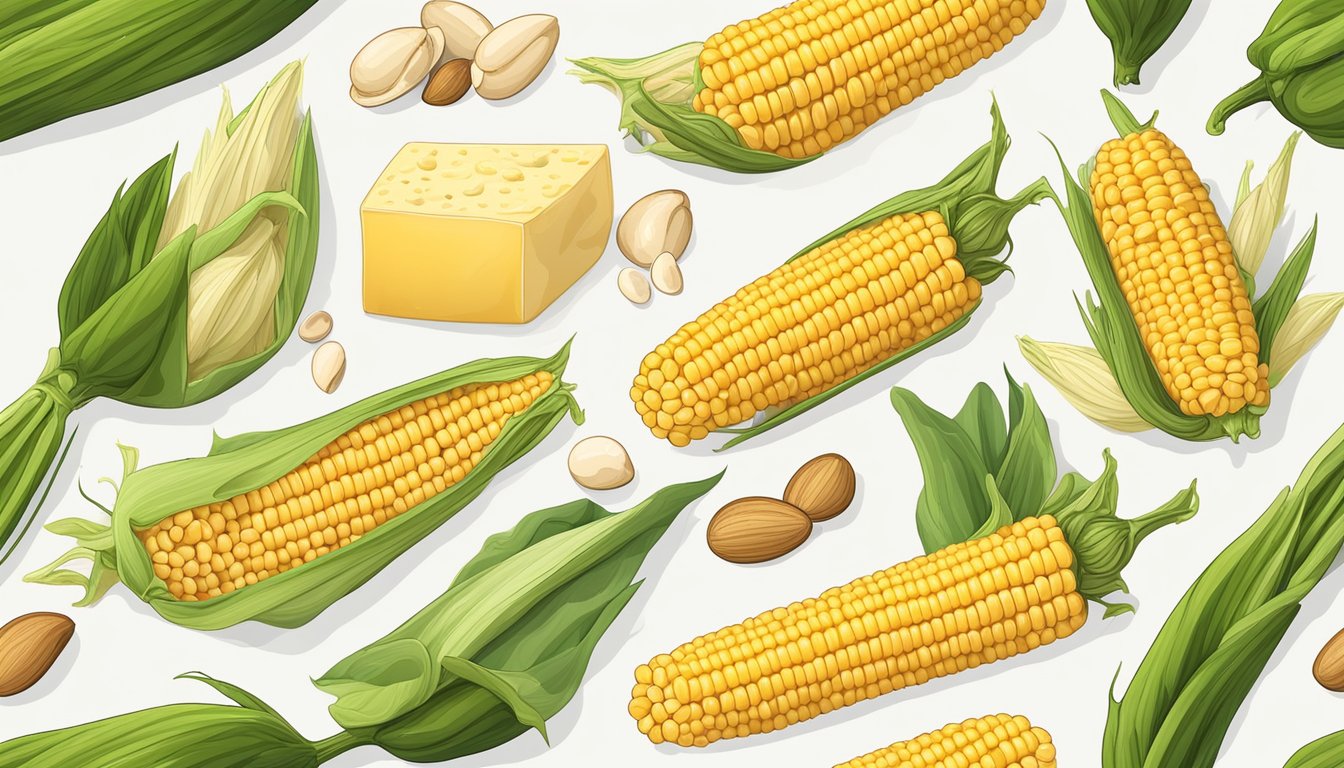 A steaming ear of corn on the cob surrounded by various sources of protein, such as beans, nuts, and tofu, with a thoughtful expression