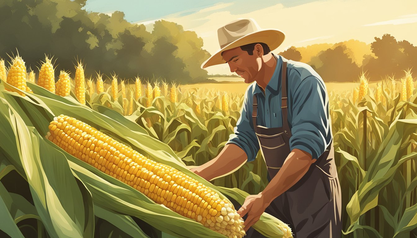 A farmer harvesting fresh corn on the cob from tall stalks in a sunlit field