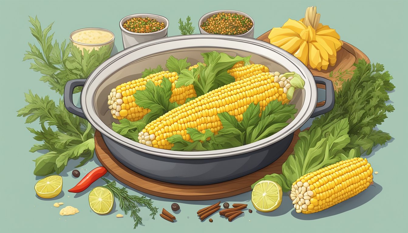 A steaming pot of boiled corn on the cob surrounded by alternative low-calorie toppings like herbs and spices