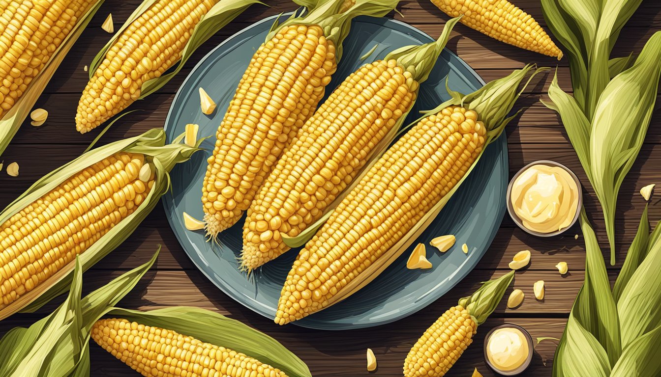 A golden ear of corn on the cob, topped with a melting pat of butter, sits on a rustic wooden table, surrounded by scattered kernels and a few stray husks