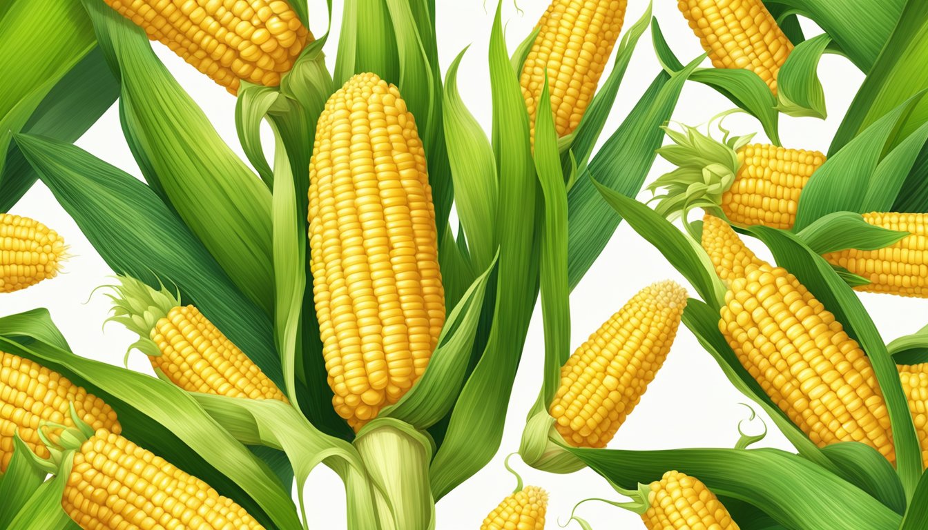 A vibrant ear of corn on the cob surrounded by fresh green husks, with golden kernels bursting with healthy nutrients