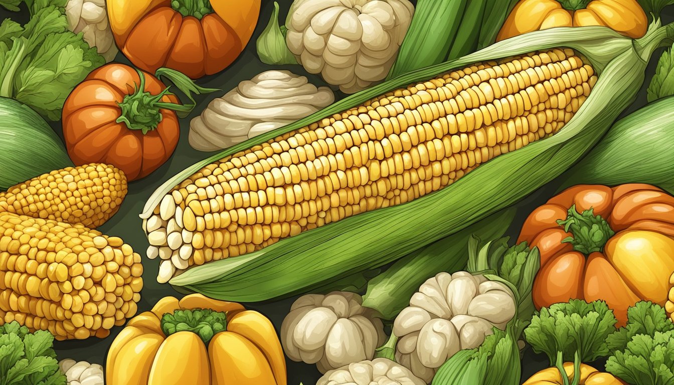 A cob of corn with a pat of melting butter, surrounded by other vegetables