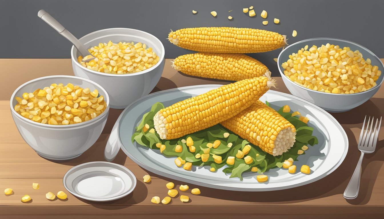 A table with a plate of grilled corn on the cob, a bowl of corn salad, and a pile of corn kernels