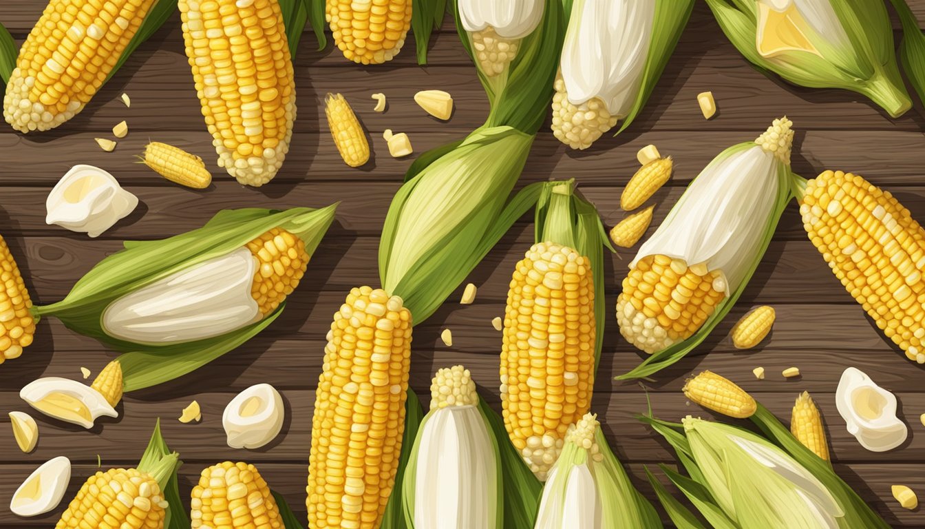 A steaming ear of corn on the cob, slathered with melting butter, sits on a rustic wooden table, surrounded by fresh corn husks and scattered kernels