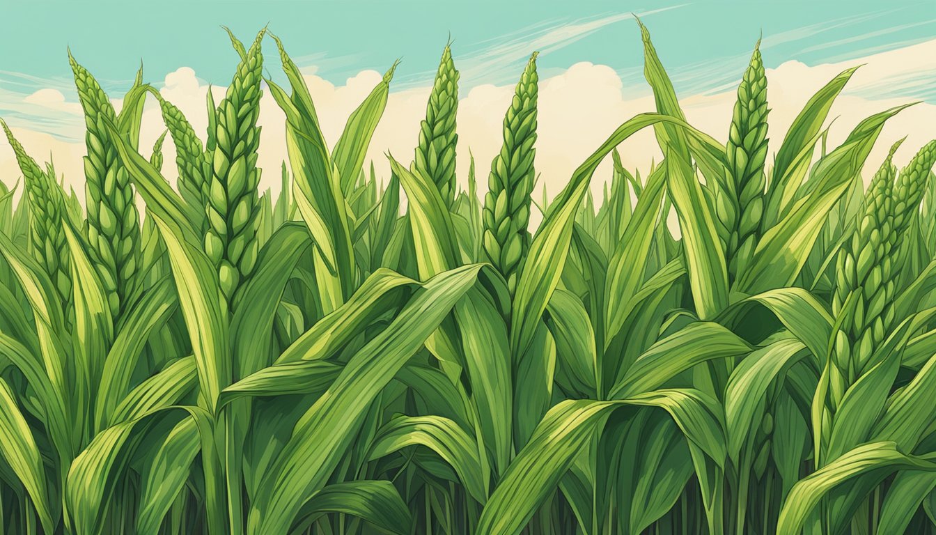 A vibrant field of tall, green corn stalks swaying in the breeze, with ripe ears of corn on the cob ready for harvest