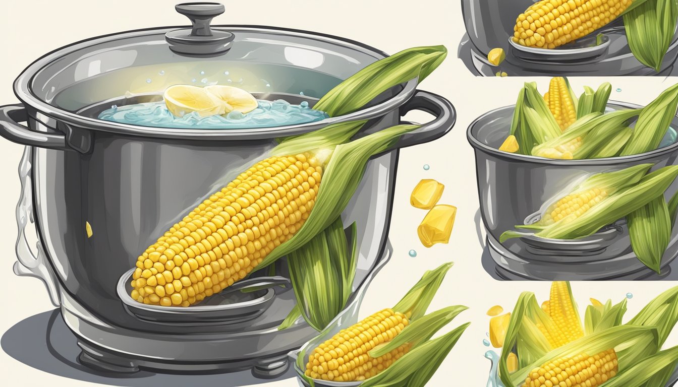 Corn on the cob being boiled in a pot of water, then brushed with melted butter