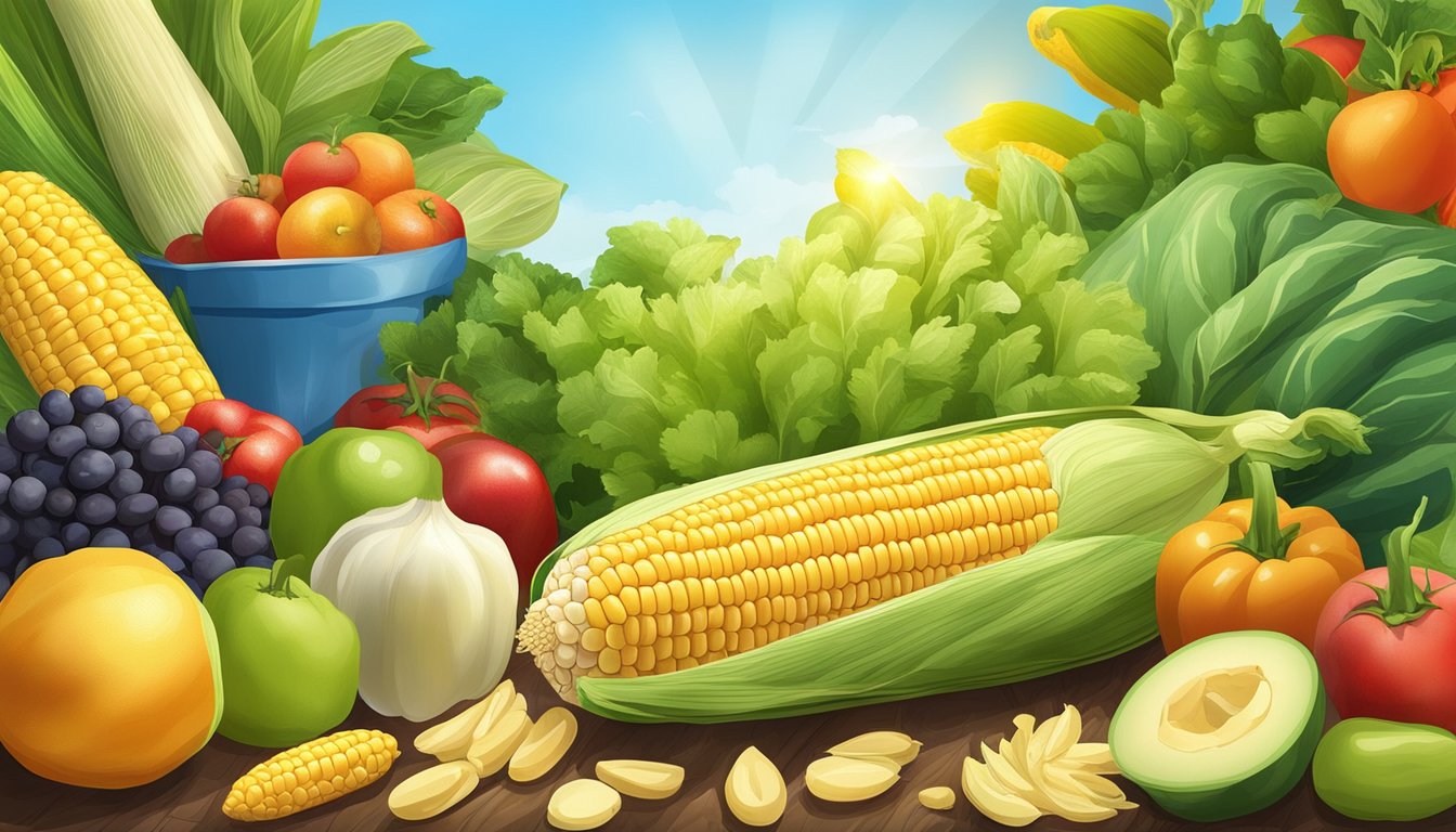 Fresh corn on the cob surrounded by vibrant vegetables and fruits, with a clear blue sky and sunshine in the background