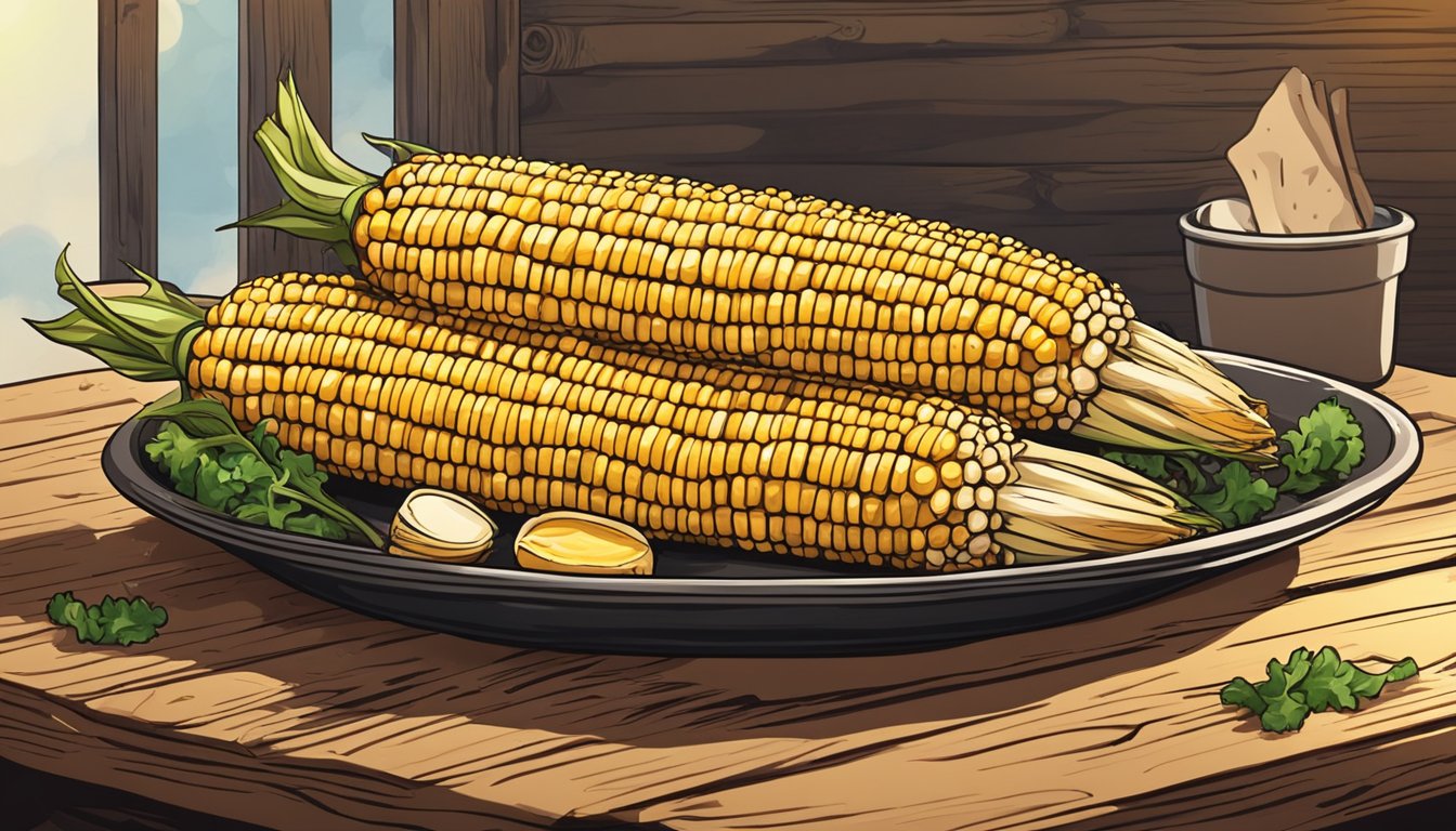 A golden ear of corn on the cob, slathered in melted butter, sits on a rustic wooden table next to a plate of grilled meats and vegetables