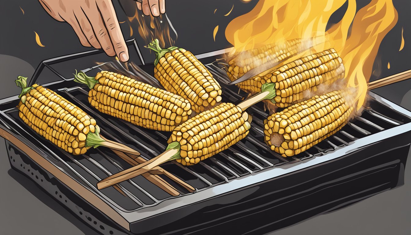 A person grilling corn on the cob over a fire, with a stick of butter melting on top