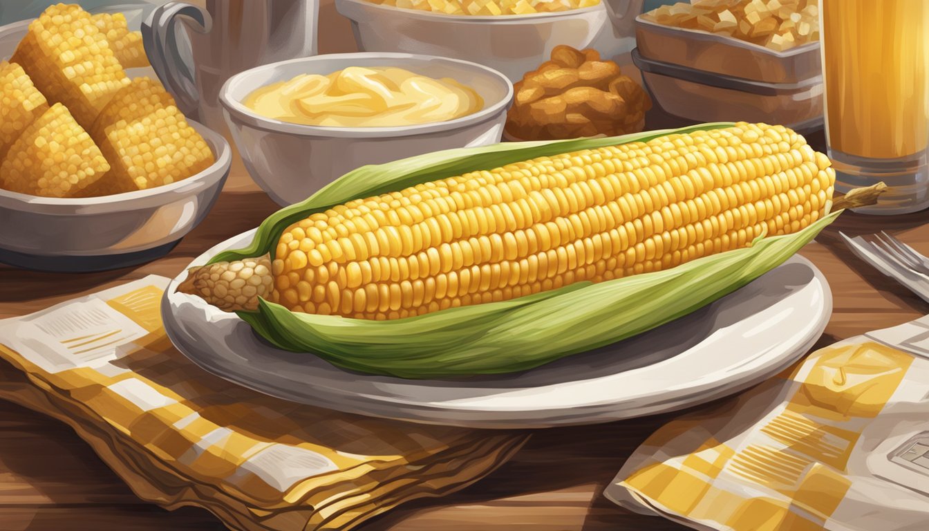 A steaming ear of corn on the cob, slathered in melted butter, sits on a plate surrounded by fast food and restaurant menus