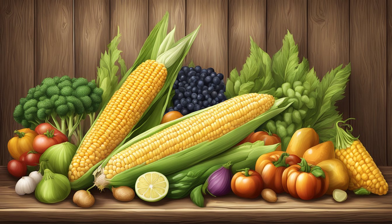 A golden ear of corn on the cob surrounded by a variety of fresh vegetables and fruits on a rustic wooden table