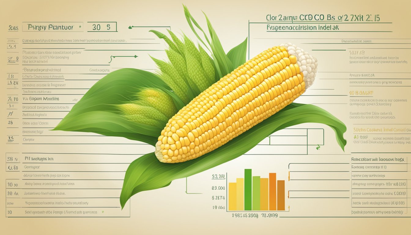 A cob of corn with a glycemic index chart in the background