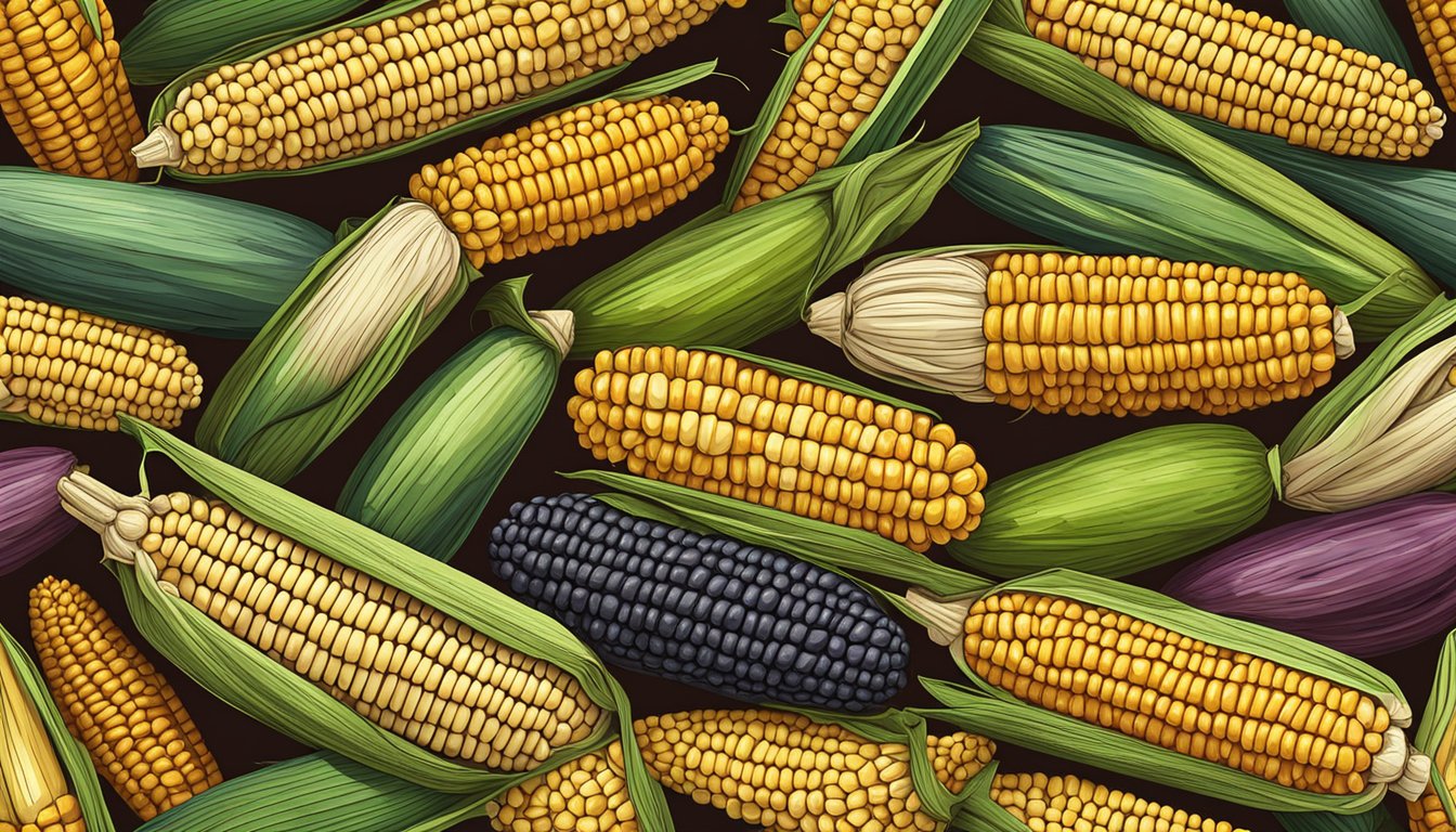 A variety of corn cobs of different colors and sizes arranged on a wooden table