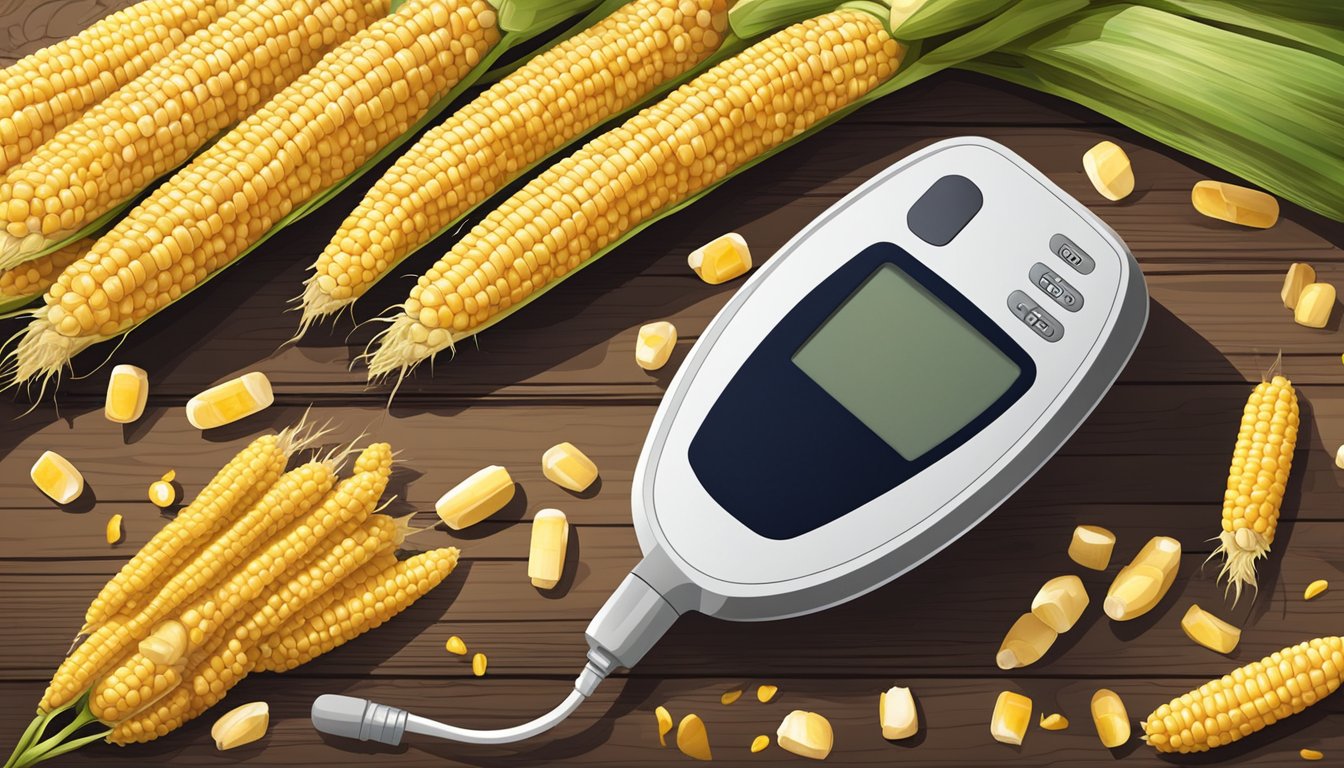 A ripe ear of corn on a rustic wooden table, surrounded by scattered corn kernels and a blood sugar monitor