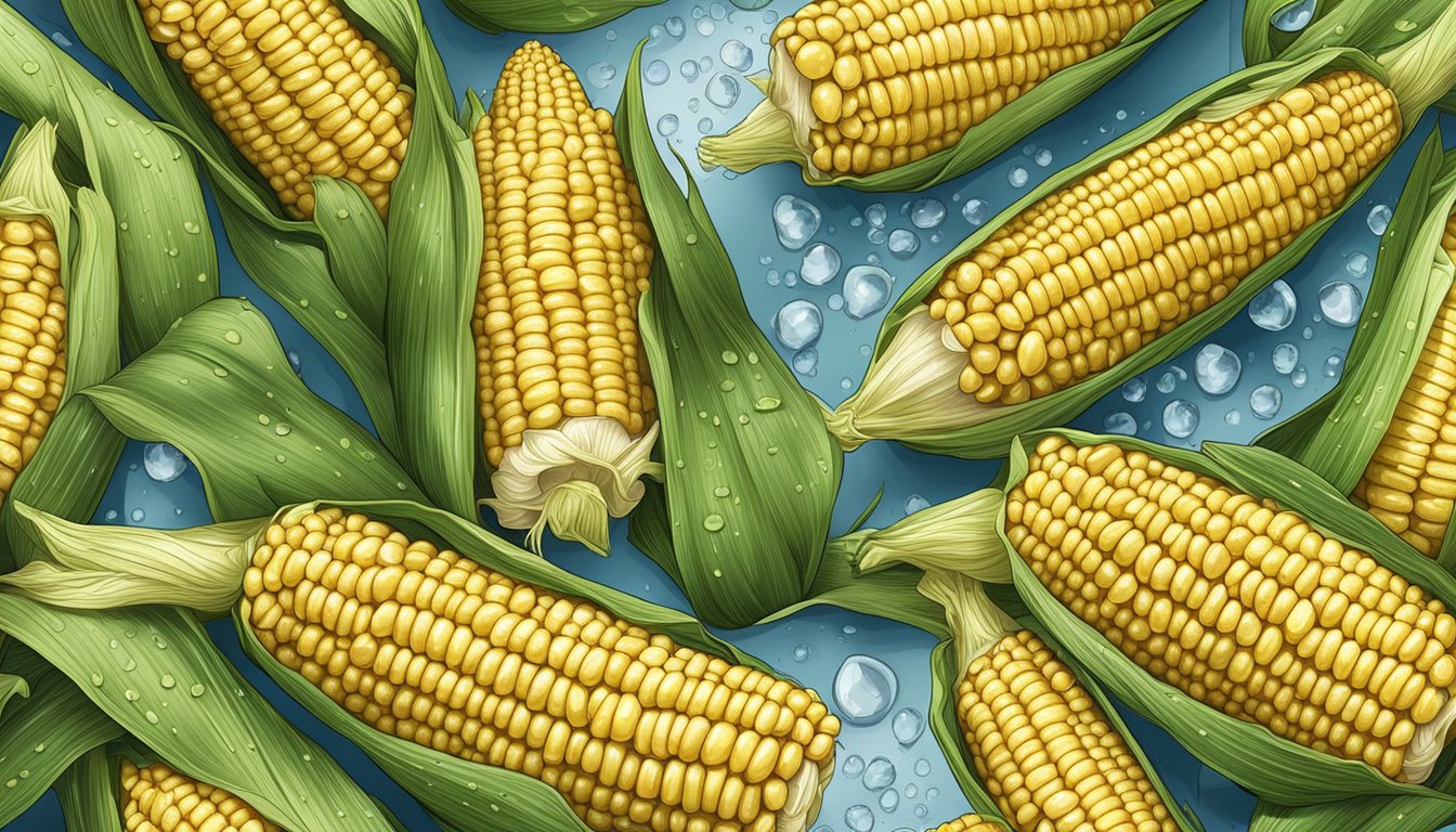 Fresh corn on the cob being shucked and cleaned, with water droplets glistening on the kernels