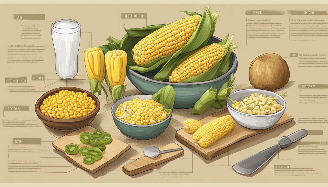 A table with corn on the cob, a scale, and various similar foods for a comparative analysis