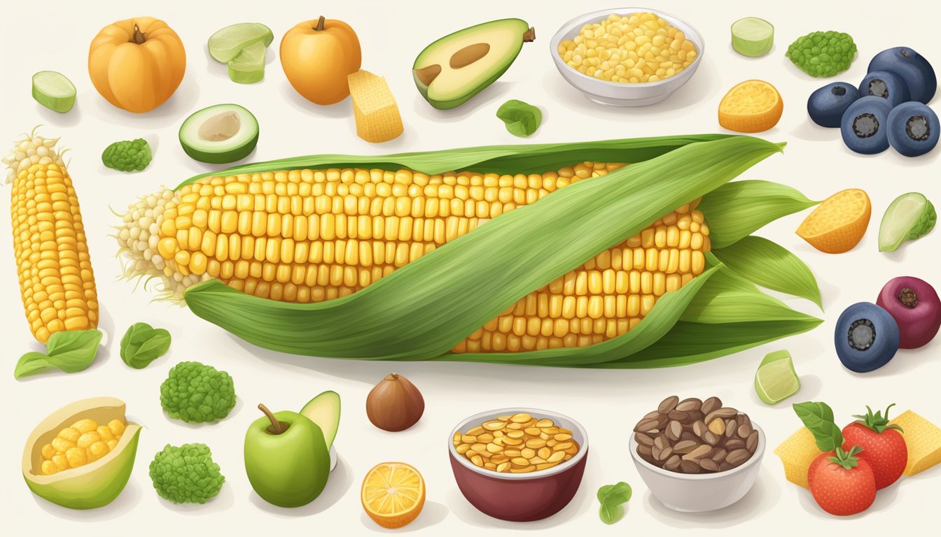 A cob of corn with a low glycemic index surrounded by diabetic-friendly foods