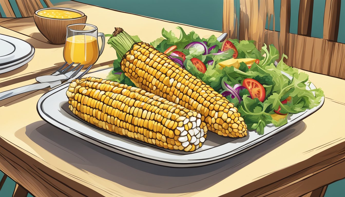 A table set with a plate of grilled corn on the cob, a side of butter, and a colorful salad