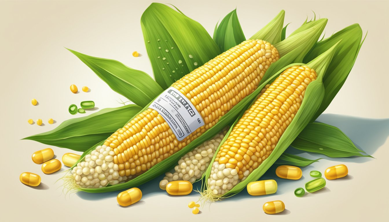 A vibrant ear of corn on the cob surrounded by scattered vitamin capsules and a nutrient label