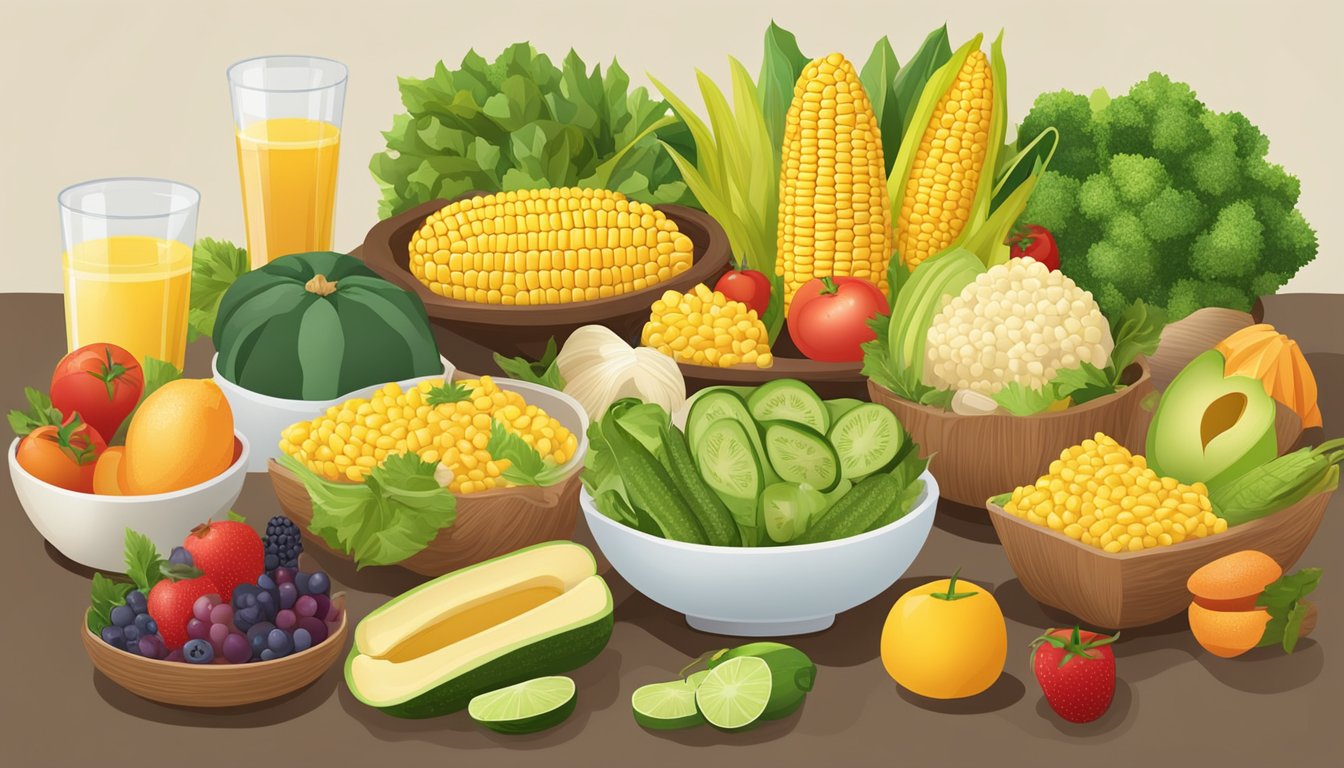 A balanced diet scene with a variety of fruits, vegetables, and whole grains, including corn on the cob, arranged on a table