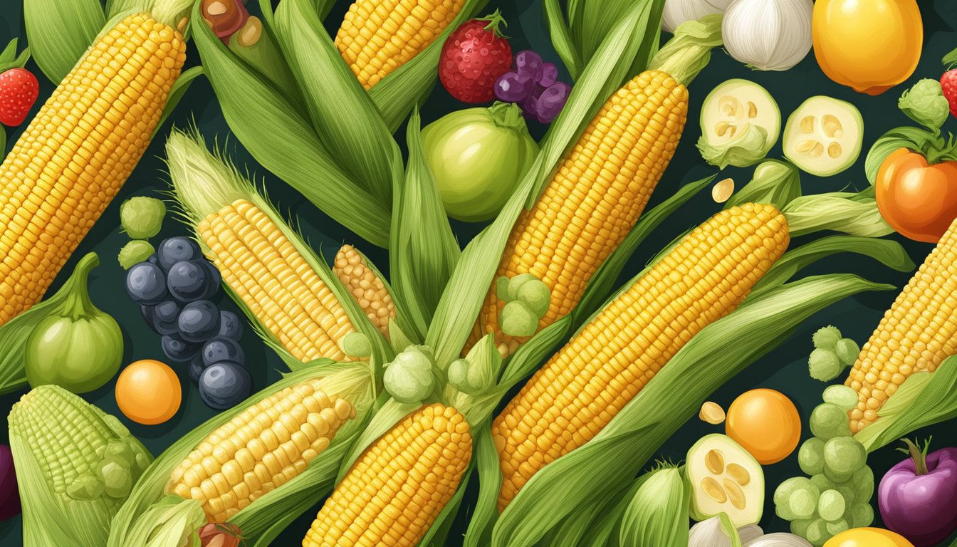 A golden ear of corn on the cob surrounded by various vitamins and nutrients