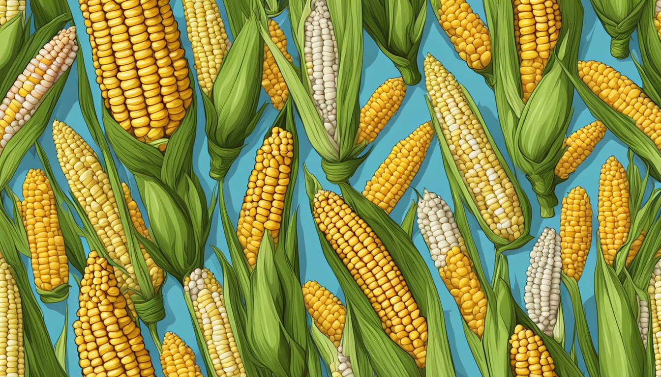 A colorful assortment of corn on the cob surrounded by various corn derivatives, all rich in vitamins