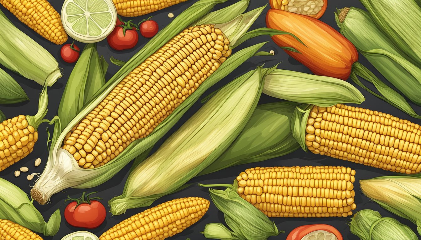 A fresh ear of corn on the cob surrounded by various cooking methods such as grilling, boiling, and roasting, with a focus on calorie-conscious options