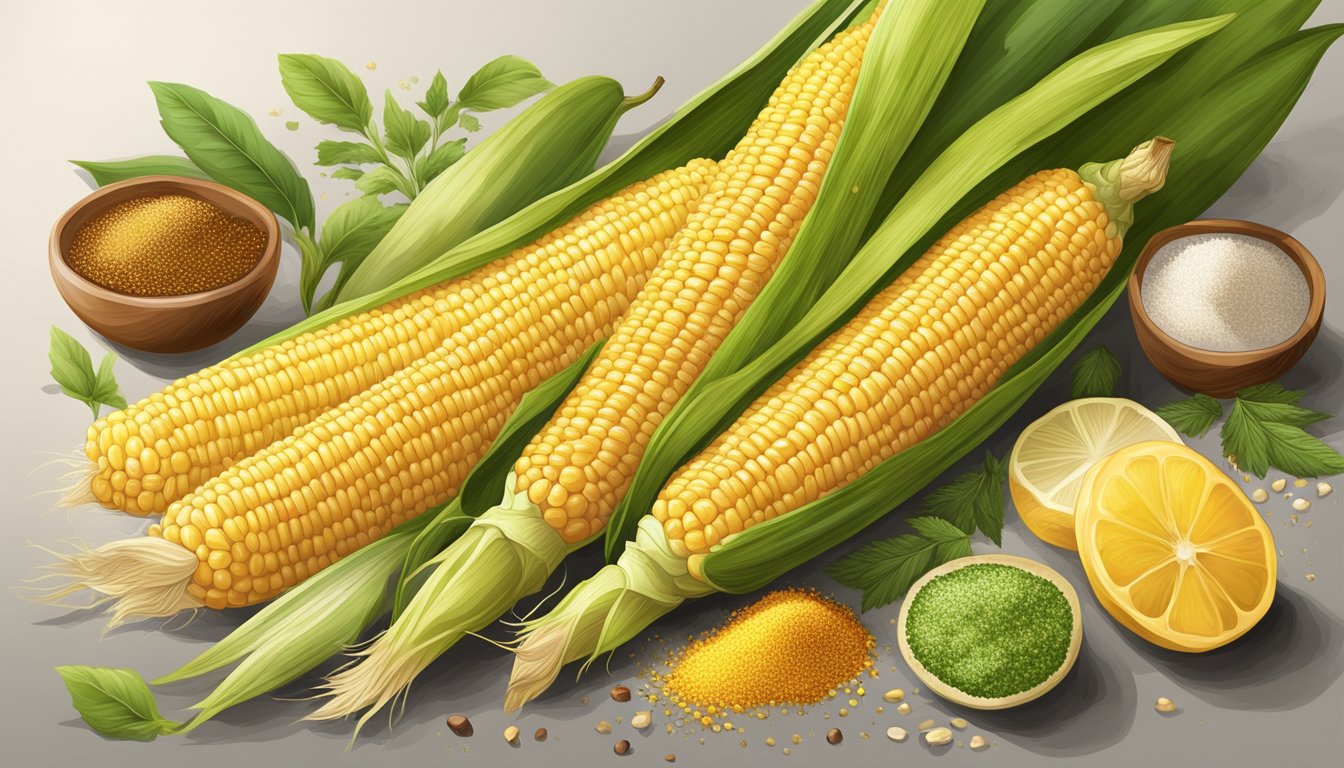 A fresh ear of corn on the cob is topped with a colorful array of healthy seasonings such as herbs and spices, all without any butter